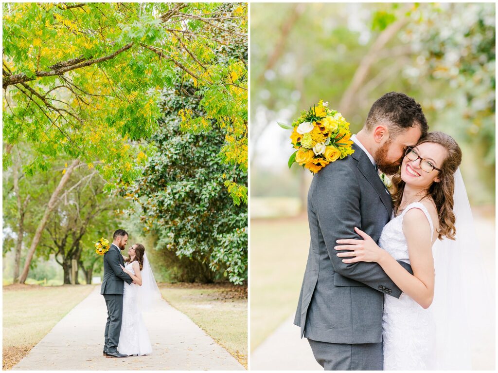 Bride and groom under trees at Kiesel Park wedding reception | Auburn Alabama | by photographer Amanda Horne