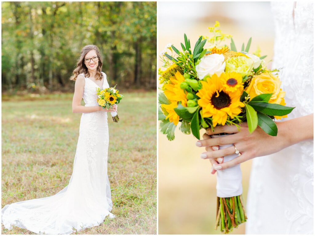 Bride with sunflower bouquet | Auburn Alabama Wedding | by photographer Amanda Horne