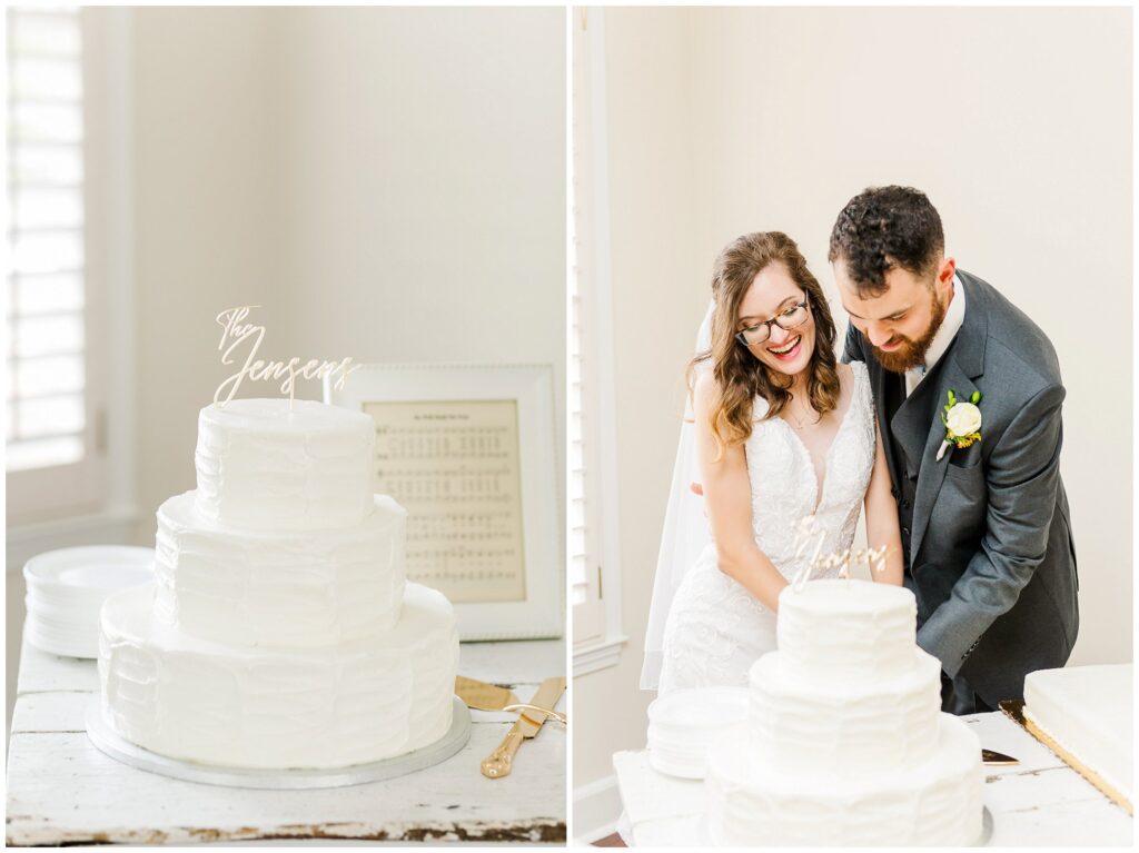 Bride and groom cutting cake at Kiesel Park Wedding Reception | Auburn Alabama | by photographer Amanda Horne