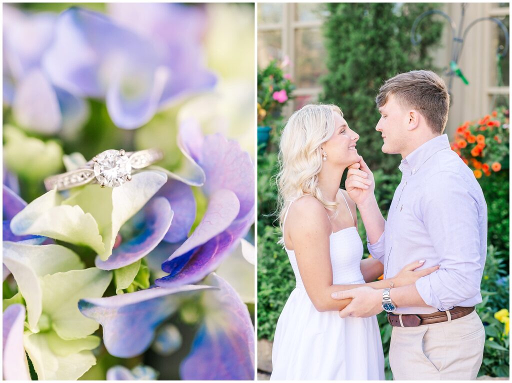 Engagement ring and couple embracing at Botanic in Opelika | Alabama Wedding Photographer Amanda Horne