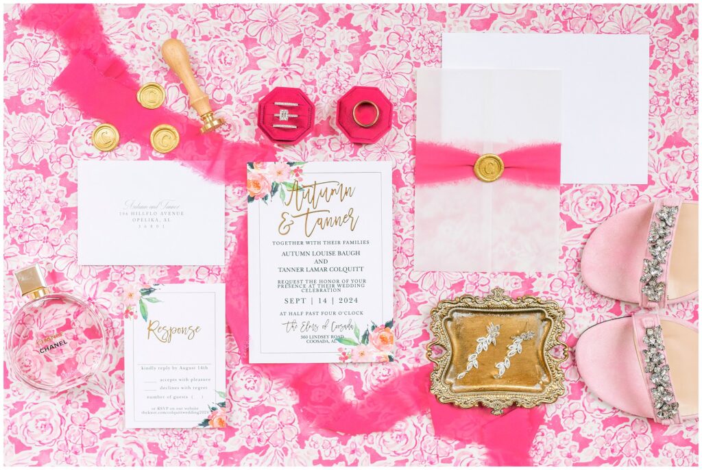 Vibrant pink wedding flat lay  | Alabama wedding photographer Amanda Horne