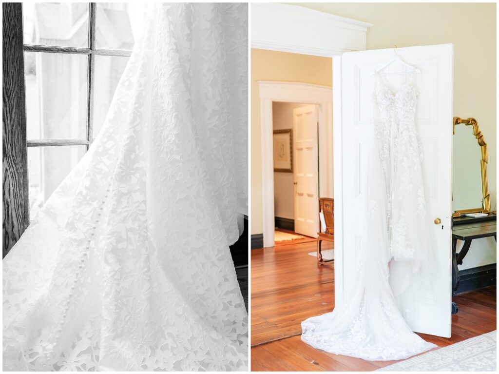 Wedding dress hanging on door and black and white lace detail image  | Alabama wedding photographer Amanda Horne