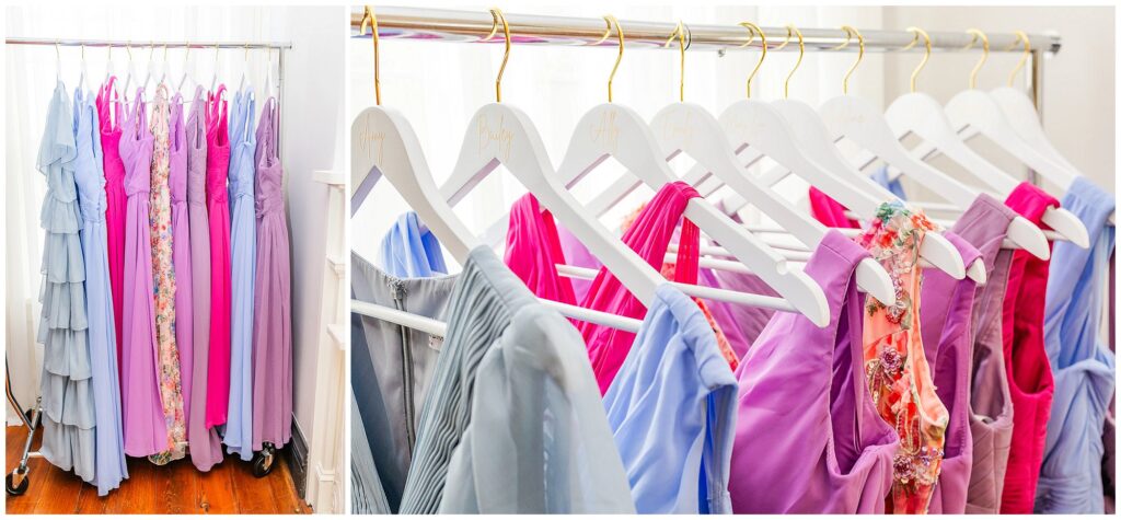 Colorful bridesmaid dresses on hangers | Coosada Alabama Wedding Photographer Amanda Horne