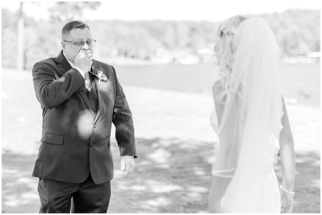 First look with dad in black and white | Lake Martin Wedding Photographer Amanda Horne