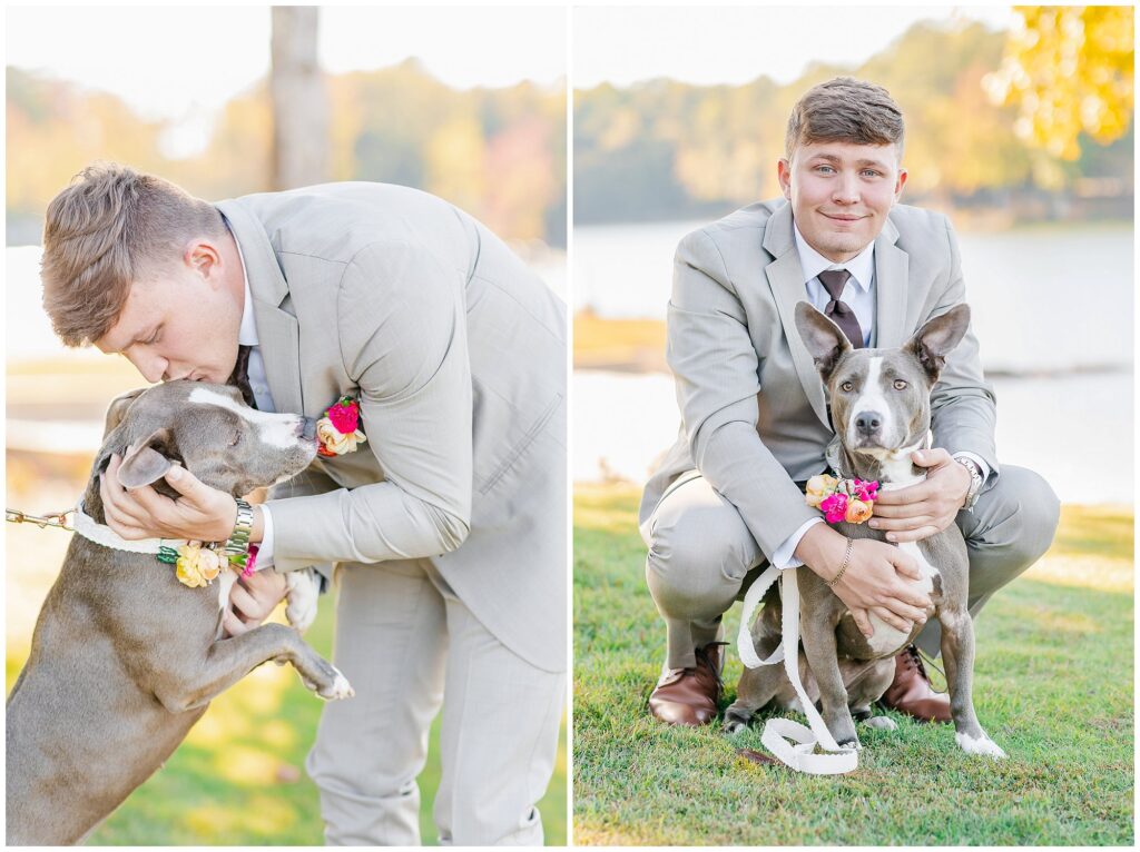 Groom with dog at New Water Farms | Lake Martin Wedding Photographer Amanda Horne