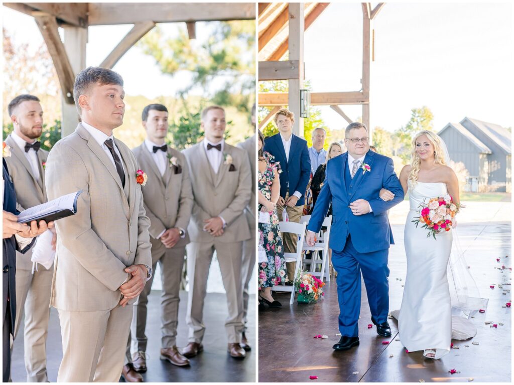 Bride walking down the aisle at New Water Farms Wedding Venue | Lake Martin Photographer Amanda Horne