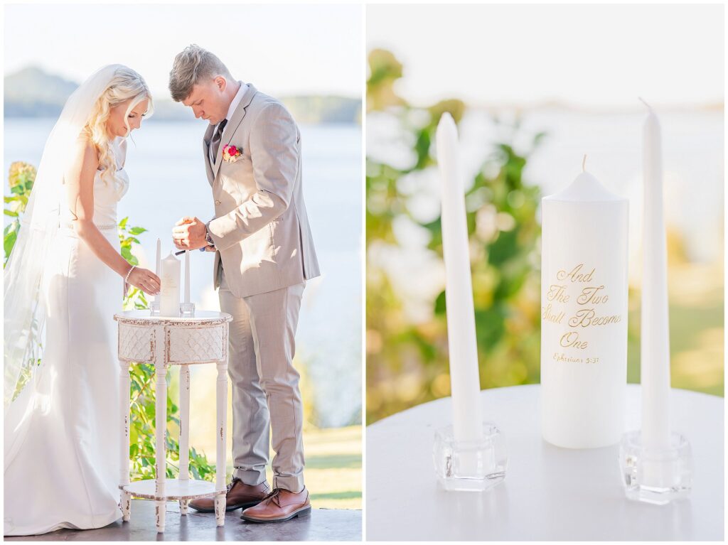 Bride and groom light unity candle in open air chapel at New Water Farms | Lake Martin Wedding Photographer Amanda Horne