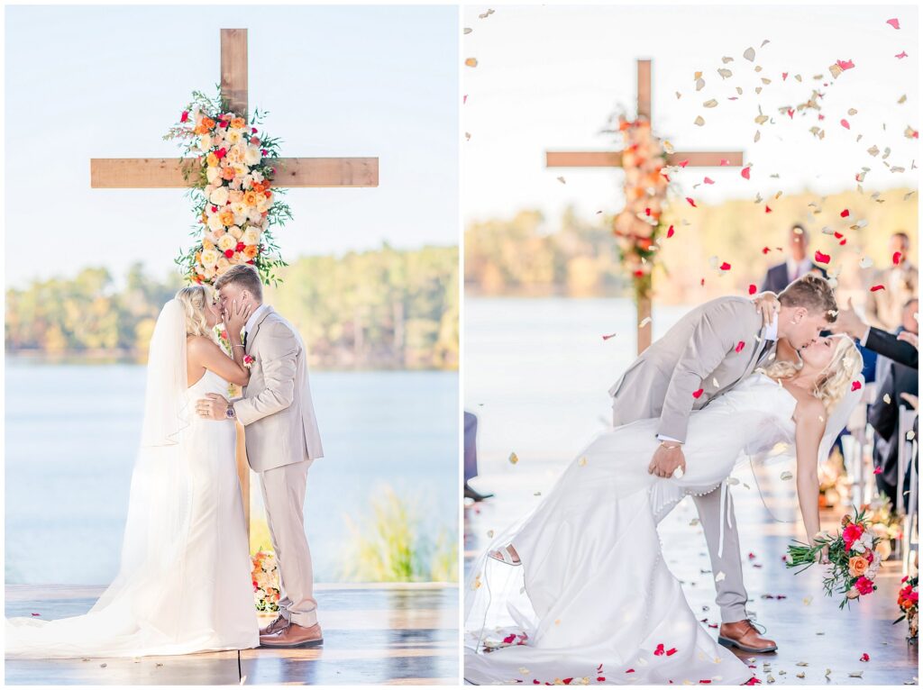 Bride and groom first kiss at New Water Farms Wedding Venue | Lake Martin Photographer Amanda Horne