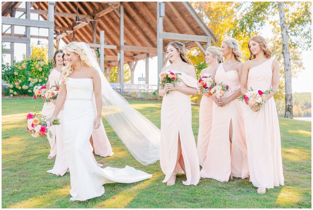 Bride with bridesmaids in pink gowns | Lake Martin Wedding Photographer Amanda Horne