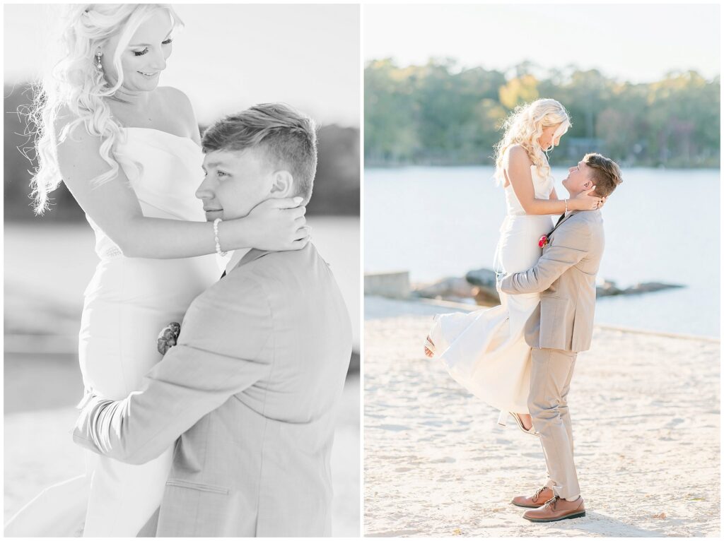 Groom lifting bride on beach at New Water Farms | Lake Martin Wedding Photographer Amanda Horne