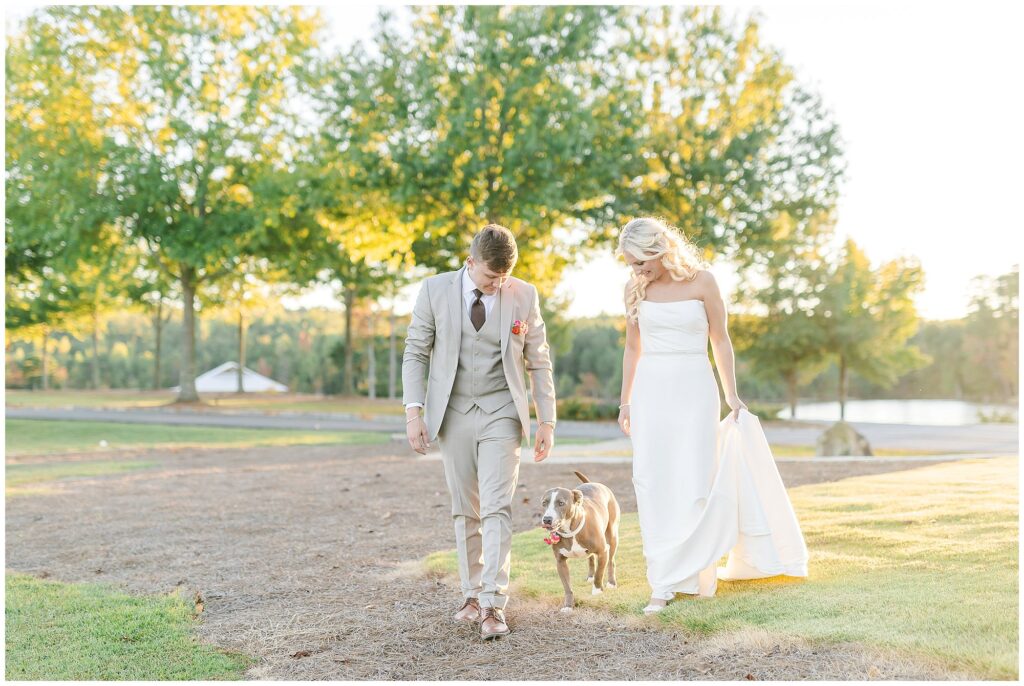 Bride and groom with dog at New Water Farms | Lake Martin Wedding Photographer Amanda Horne