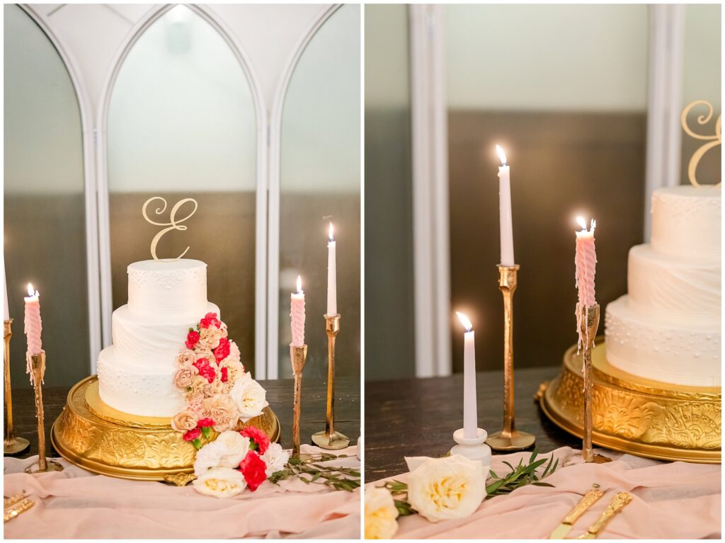 Three tier wedding cake surrounded by candles in romantic table setting | Lake Martin Wedding Photographer Amanda Horne