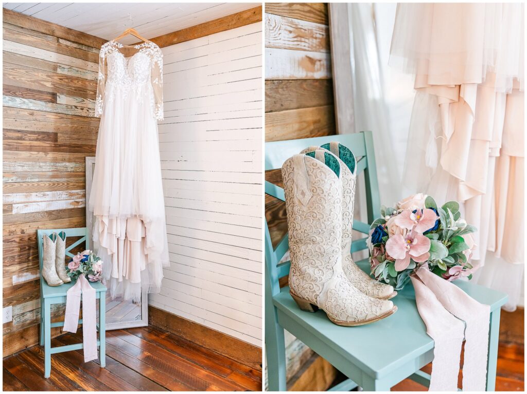 Wedding dress hanging in bridal suite at the Farm at Lullwater in Opelika Alabama | Alabama Wedding Photographer Amanda Horne