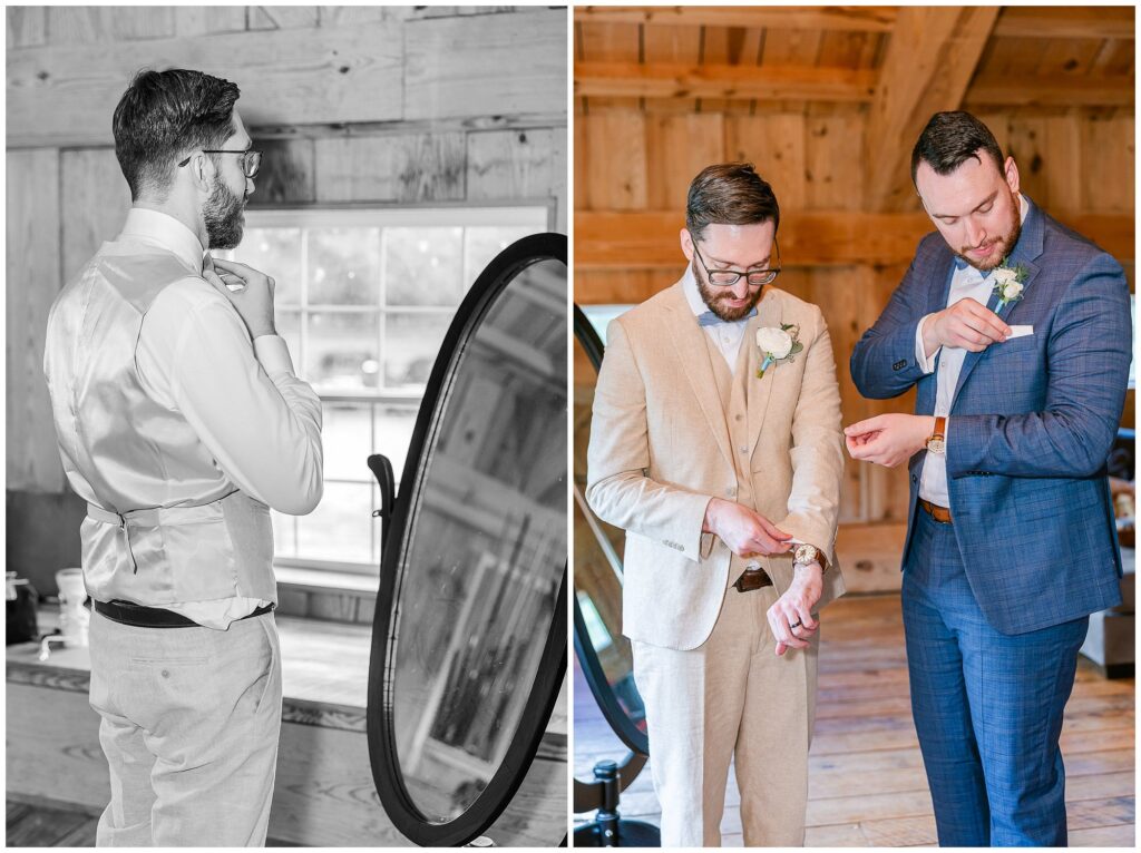 Candid moment of groom adjusting tie before first look at the Farm at Lullwater