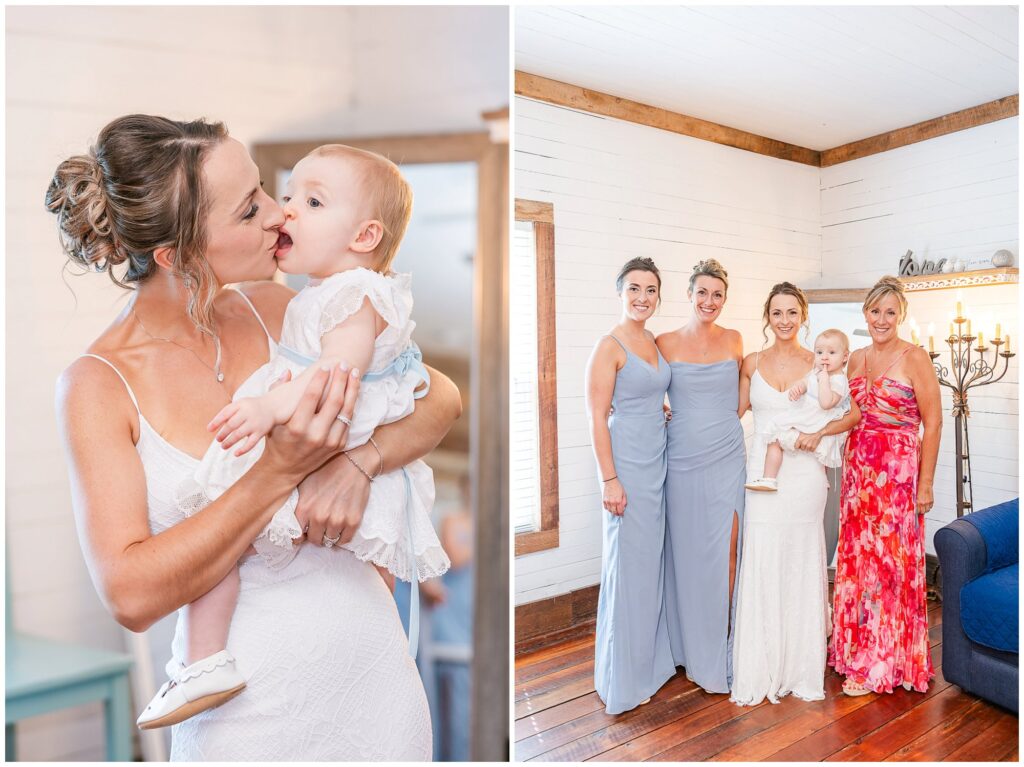 Bride getting ready with her sisters  and daughter before the Farm at Lullwater ceremony
