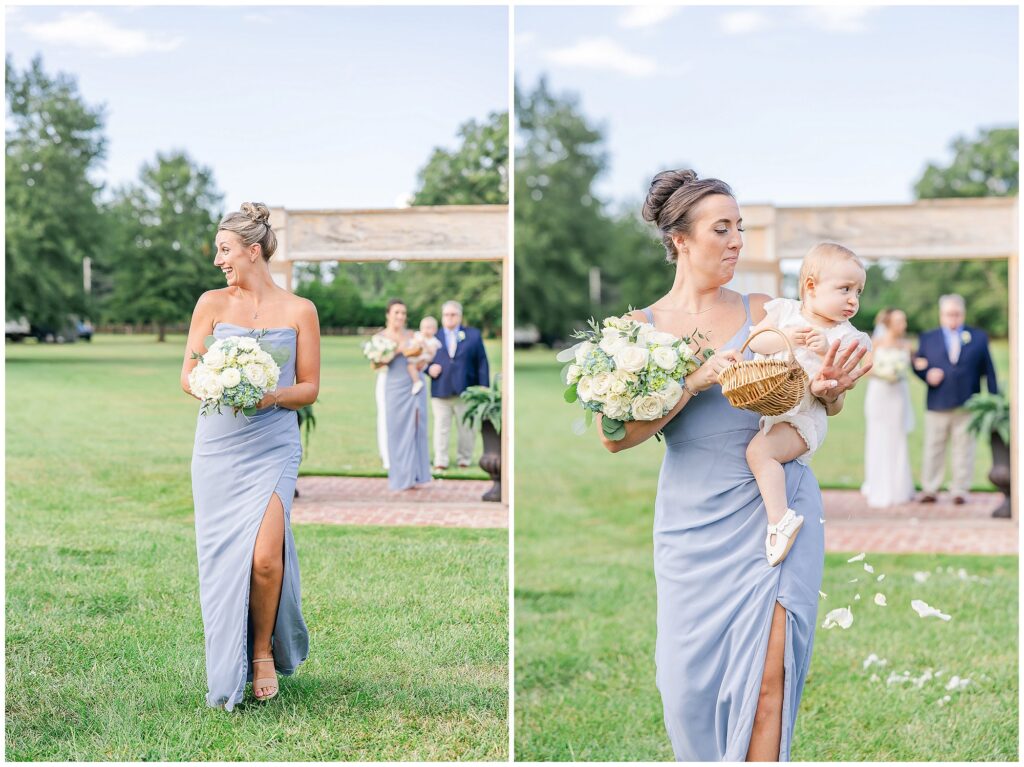 Bridesmaids and flower girl walking down the aisle at The Farm at Lullwater