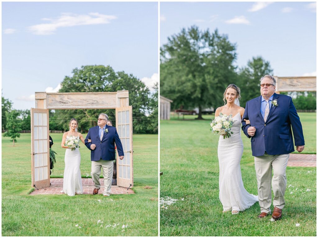 Bride walking down the aisle with her father at The Farm at Lullwater