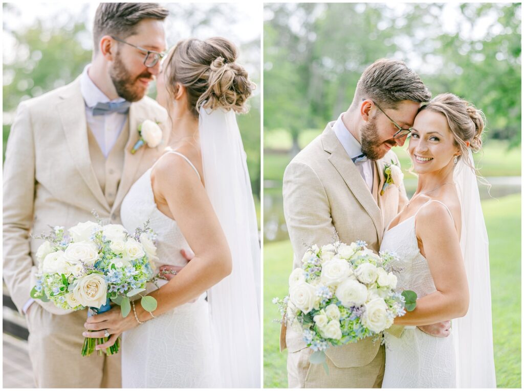 Close-up of bride’s bouquet against her gown