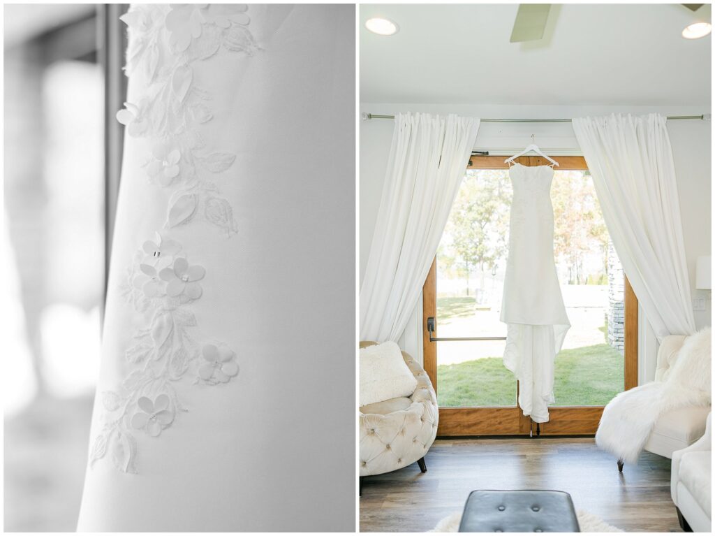 Bride’s wedding dress hanging in front of a window at Overlook Farms in Alabama.