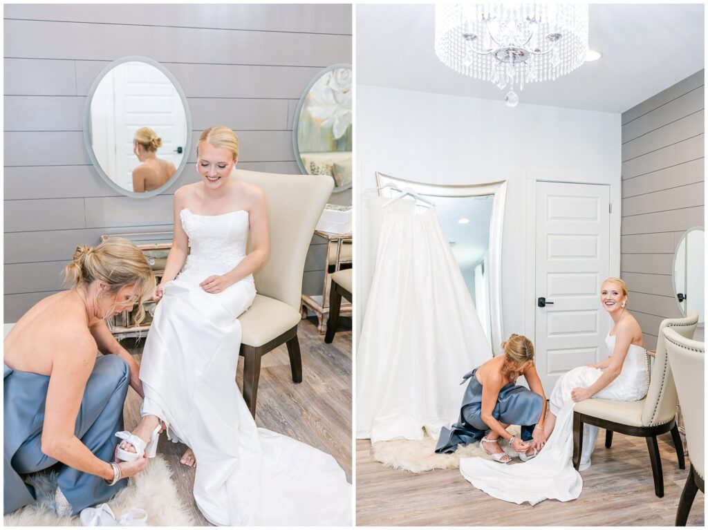 Bride and mom putting on shoes in Overlook Farms getting ready area Wedding Photography by Amanda Horne