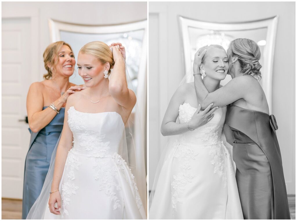 Bride's mom adjusting veil in Overlook Farms getting ready room | Wedding Photography by Amanda Horne