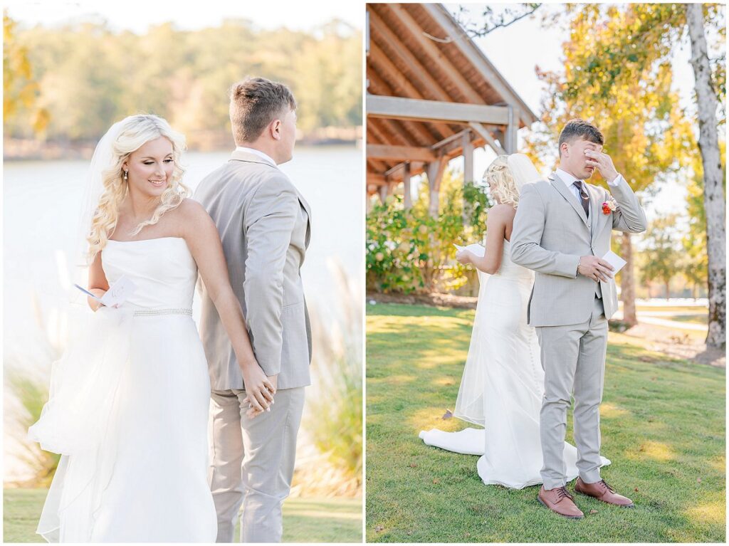 Bride and groom exchanging private vows back to back holding hands, wedding trends
Groom wiping tear during private vows, intimate wedding trend moments

