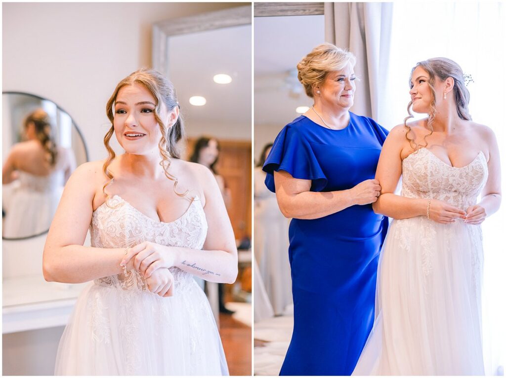 Bride putting on her wedding dress with help from her mom
