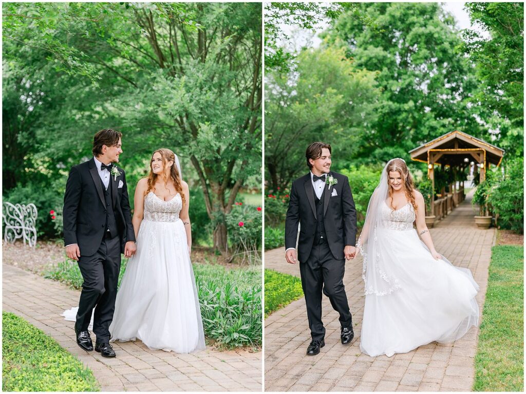 Bride and groom walking a brick path at Oakhurst in West Point, Georgia, covered bridge with string lights behind them